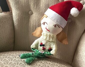 Handmade Christmas Elf Doll, Knitted Sweater, Festive Decor (17 inch)