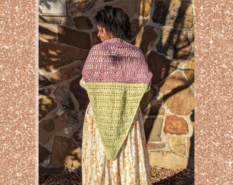 Green & Rose Cotton Triangle oversize Shawl, Hygge Self-care Boho Fashion Artisan-made Colorblock Cottagecore, Reading, Fall Cool Weather