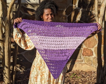 Women’s Purple Triangle Cotton Shawl, Light, Grape, & Dark Purple ColorBlock Ombre, Boho Cottagecore, Artisan Made OOAK, Wear with dresses