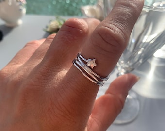 Bague étoile multicouche en argent, bague fine réglable épaisse empilable pour le pouce, cadeau de mère de famille, cadeau de Saint-Valentin pour elle, pour femme, anniversaire