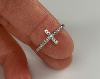 Silver Zircon Cross Ring-Zircon Stones Faith Ring-Present for Her-Open Adjustable Ring-Religious Jewellery-Christian Crystal-Christmas Gift