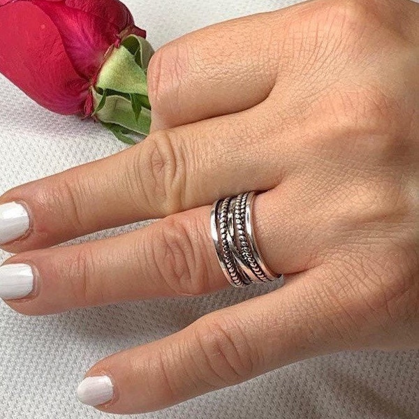 Grosse bague en argent-bague délicate pour les femmes-cadeau pour elle-anneau Boho réglable ouvert-bague de pouce en couches tissée-bague multicouche-cadeau de Noël