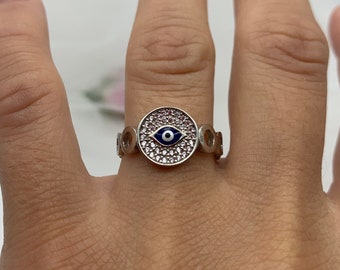 Silver Evil Eye Ring-Dainty Evil Eye Ring-First Mothers Day Present-Blue Evil Eye Ring-Adjustable Ring-Moms Gift-Gift For Mom