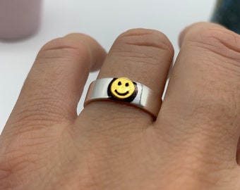 Anillo de cara de sonrisa de plata-Anillos de sonrisa frescos-Regalos de Navidad para su-Anillo de cara de dibujos animados-Anillo de cara de sonrisa-Anillo de sello-Anillo ajustable de plata