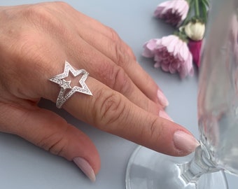 Silver Star Ring with Zircon Stone, Birthday Gift, Christmas Gift for Her, Thick Big Ring, Style Special Ring, Index Finger Adjustable Ring