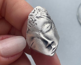 Silver Abstract Face Ring, Ancient Greek Ring, Antique Face Ring, Thick Thumb Adjustable Ring, Birthday Gift For Her, Jewelry For Woman