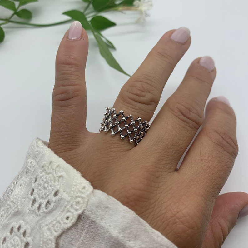 Silver Dainty Dot Ring, Mesh ring, Multilayer Ring, Weaved Layered Ring, Mothers Day Gift for Her, Chunky Boho Ring For Women, Thumb Ring image 8