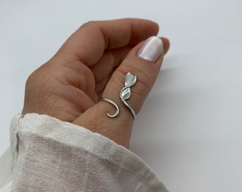 Big Silver Cat Ring-For Cat Lovers-Thumb Ring-Birthday Gift-Animal Adjustable Ring-Valentines Day Gifts For Her-Handmade Jewelry For Woman