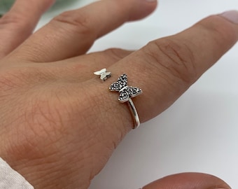 Bague papillon en argent-Bague Zircon authentique-Cadeaux de Noël pour elle-Bague réglable ouverte-Bague minimaliste pour filles-Bijoux pour femme