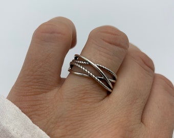 Chunky Silver Dainty Ring For Women-Open Adjustable Boho Ring-Weaved Layered Ring-Silver Thumb Ring-Present-Christmas Gift For Her