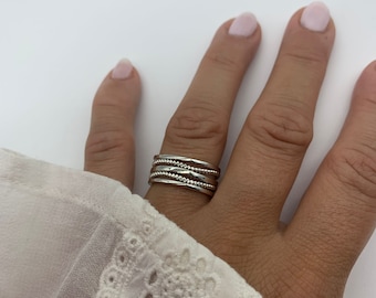 Anello per pollice multistrato - Anello massiccio in argento - Regalo di San Valentino per lei - Anello boho delicato, aperto e regolabile - Intrecciato - Gioielli per donna