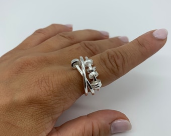 Anillo antiestrés ajustable de plata - Anillo de cuentas antiestrés - Anillo antiestrés - Anillo giratorio - Anillo antiestrés - Regalo del Día de la Madre para ella