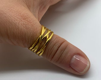 Anillo de múltiples capas chapado en oro de 18k-Anillo delicado de oro grueso para mujeres-Anillo en capas de tejido ajustable grueso-Regalo del Día de las Madres para ella