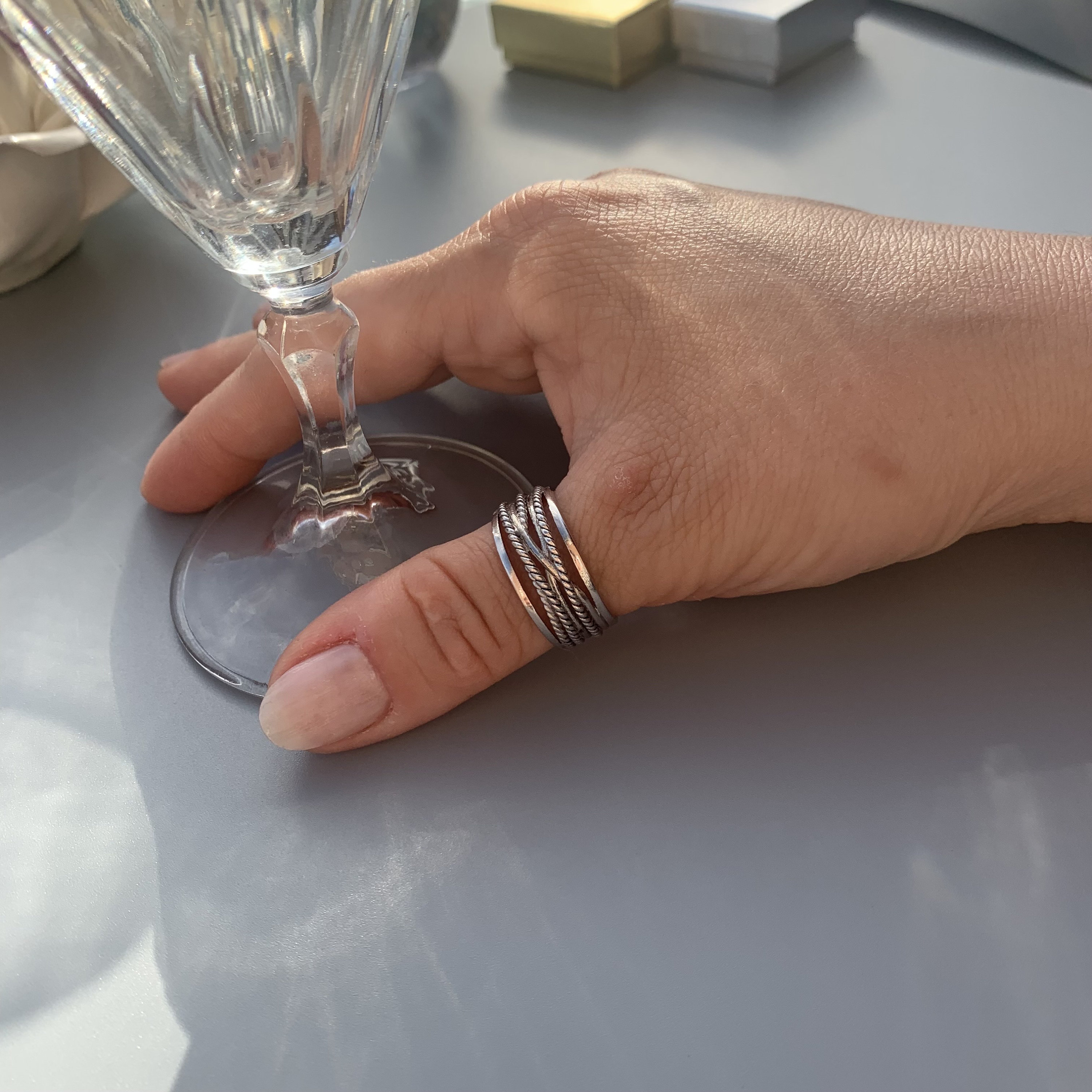 Anello Grosso Regolabile Placcato Argento Per Donna &ndash; Anello Pollice Multistrato