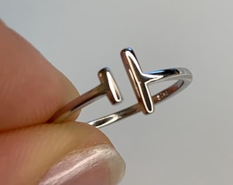 Anillo de barra paralela de plata- Joyería de verano para mujer- Presente-Regalos para ella-Anillo minimalista-Anillo geométrico-Anillo abierto ajustable-Anillo de barra de plata