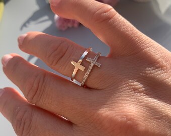 Silver Double Band Cross Ring with Zircon Stones, Statement Adjustable Ring-Mothers Day Present, Christmas First Communion Gift For Woman