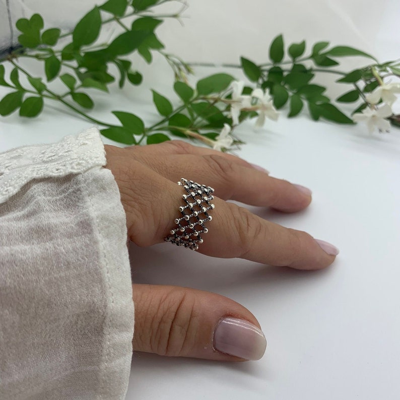 Silver Dainty Dot Ring, Mesh ring, Multilayer Ring, Weaved Layered Ring, Mothers Day Gift for Her, Chunky Boho Ring For Women, Thumb Ring image 3