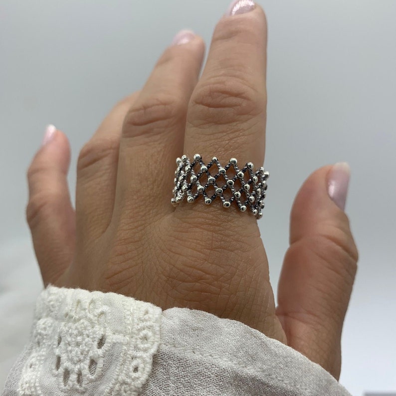 Silver Dainty Dot Ring, Mesh ring, Multilayer Ring, Weaved Layered Ring, Mothers Day Gift for Her, Chunky Boho Ring For Women, Thumb Ring image 4