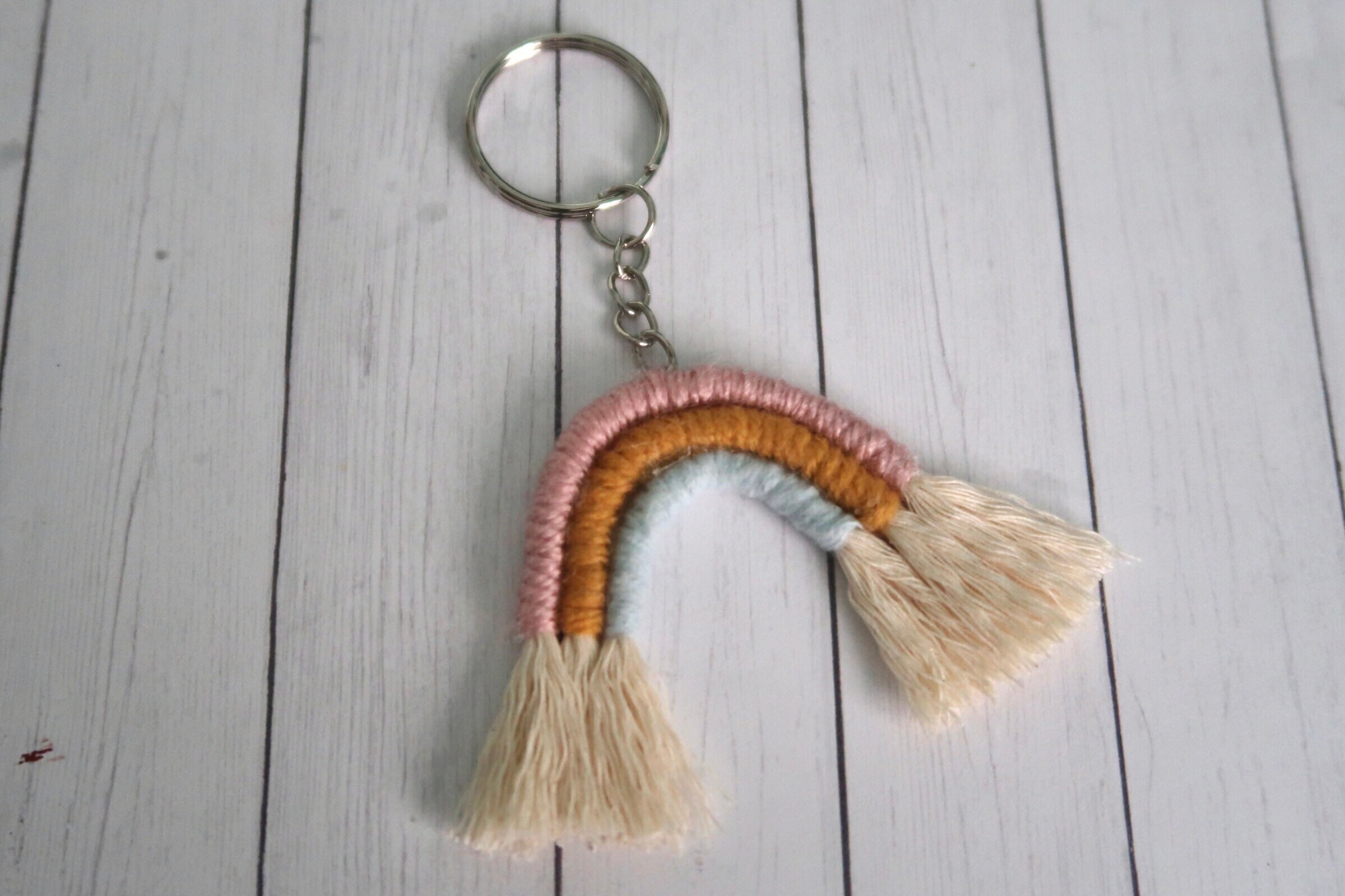Rainbow Yarn Keychain TriColor Handmade Circle Key Ring Etsy