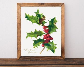 Vintage Christmas Holly Wall Décor, Antique Christmas Card Art, 5 Print Sizes, INSTANT DOWNLOAD JPEG