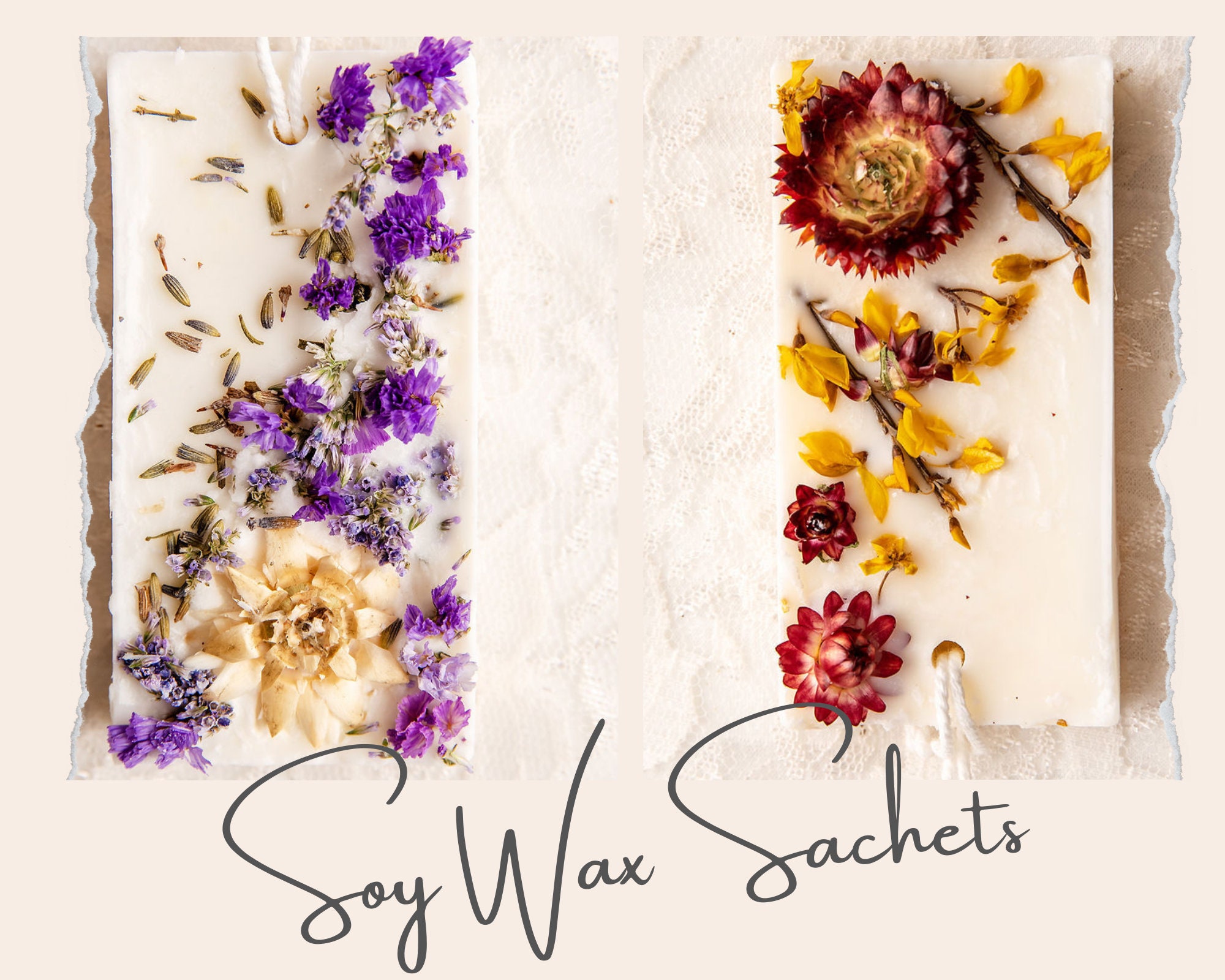 Wax Sachet, Large Wax Sachet, Flower Decorated Sachet, Large Soy