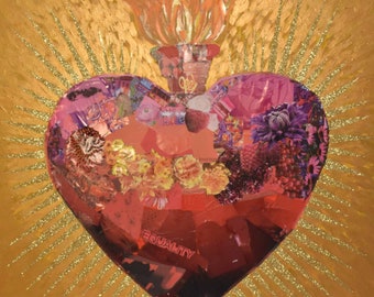 Sacred Heart, Mixed Media, Heart, Valentines, Love, Catholic, Icon, Red, Gold