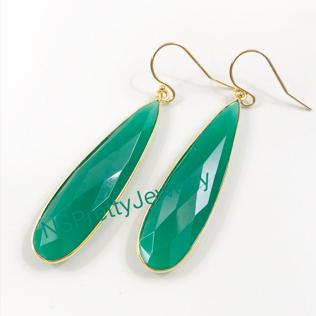 Green Onyx Drops Earrings Long Pear Earrings Briolette Cut