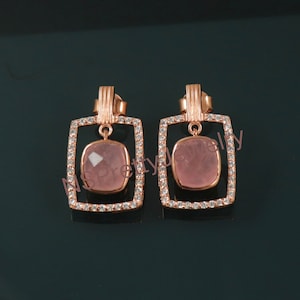 Rose Quartz Earrings Quartz Earrings Gemstone Stud Earrings Silver and Rose Gold Plated Earrings Faceted Cushion Earrings Silver Zircon