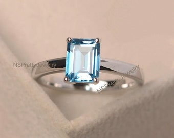 Swiss blue topaz ring, solitaire ring, emerald cut ring, anniversary ring, romantic gift ring Octagon Ring Emerald Cut Ring Blue Topaz Ring