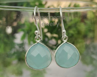 Aqua Chalcedony Earrings Aqua Chalcedony Gemstone Earrings Dangle Earrings 925 Sterling Silver Earrings Heart Chalcedony Gemstone Earrings
