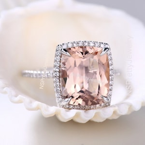 Morganite Ring birthstone Rectangular Cushion Peach Morganite gemstone unique anniversary ring for women Genuion Morganite CZ Ring Handmade