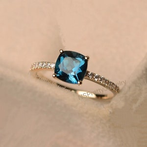 London blue topaz anniversary ring, solid 14k yellow gold, cushion cut November birthstone, 925 Sterling Silver Ring London Blue Topaz Ring