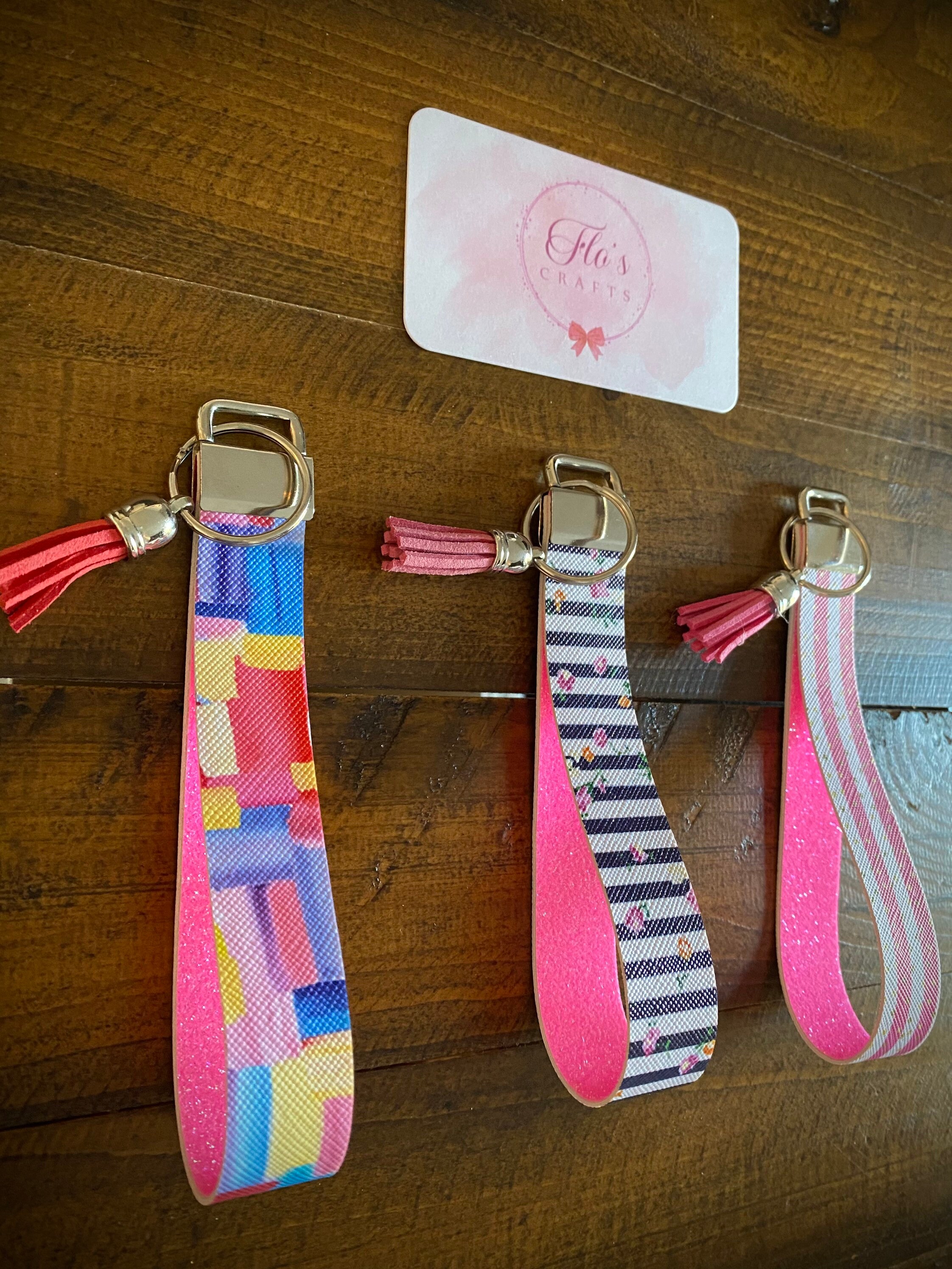 Cute spring Keychain with Tassel Leather Wristlet Pink Glitter Etsy