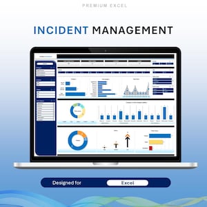 Könnte beinhalten: Ein Laptop-Bildschirm zeigt ein Dashboard für das Incident Management mit Diagrammen und Grafiken. Das Dashboard ist für Excel konzipiert und enthält Daten zu Gesamttickets, offenen Tickets und Kategorien von Incidents. Der Titel des Dashboards lautet "Incident Management".