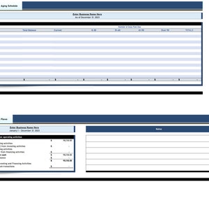 Pu&ograve; includere: Una tabella in bianco e nero con un'intestazione blu e un corpo bianco. La tabella &egrave; etichettata "Accounts Receivable Aging Schedule" e "Statement of Cash Flows". La tabella ha colonne per "Customer Name", "Total Balance", "Current", "0-30", "31-40", "41-60", "Over 90" e "TOTALS". La tabella ha anche una sezione per "Notes".