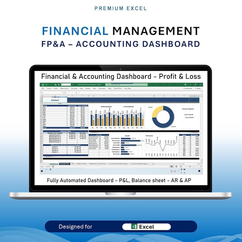 Pu&ograve; includere: Uno schermo di laptop che mostra un cruscotto di gestione finanziaria in Microsoft Excel. Il cruscotto include grafici, diagrammi e tabelle con dati relativi a profitti e perdite, bilancio, crediti e debiti. Il testo "Cruscotto completamente automatizzato - P&L, Bilancio - AR & AP" &egrave; visualizzato sotto il cruscotto.