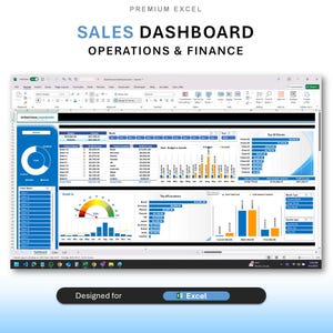 Peut inclure: Capture d'écran d'un tableau de bord des ventes Excel. Le tableau de bord affiche des graphiques et des tableaux de données avec le texte "SALES DASHBOARD OPERATIONS & FINANCE". Le texte "Designed for Excel" est également présent.
