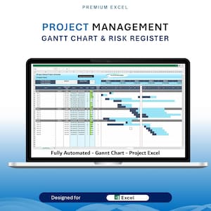 Puede incluir: Una captura de pantalla de una computadora portátil que muestra una hoja de cálculo con un diagrama de Gantt y el texto "Nombre del proyecto | Programa del proyecto". La hoja de cálculo está etiquetada como "Totalmente automatizado - Diagrama de Gantt - Proyecto Excel" y está diseñada para Excel.