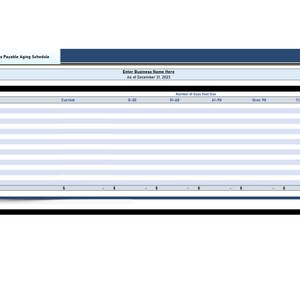 Pu&ograve; includere: Un modello di tabella di invecchiamento dei crediti da pagare vuoto con il titolo "Accounts Payable Aging Schedule" e il testo "Enter Business Name Here" e "As of December 31, 2023". La tabella ha colonne per "Creditor", "Current", "0-30", "31-60", "61-90", "Over 90" e "TOTALS".