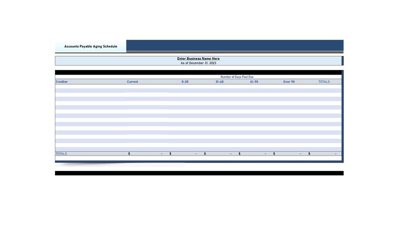 Pu&ograve; includere: Un modello di tabella di invecchiamento dei crediti da pagare vuoto con il titolo "Accounts Payable Aging Schedule" e il testo "Enter Business Name Here" e "As of December 31, 2023". La tabella ha colonne per "Creditor", "Current", "0-30", "31-60", "61-90", "Over 90" e "TOTALS".