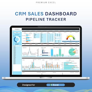 Może przedstawiać: Laptop wyświetla pulpit nawigacyjny sprzedaży CRM z tekstem "CRM Sales Dashboard Pipeline Tracker". Ekran pokazuje różne wykresy i tabele danych w odcieniach niebieskiego i białego. Na dole ekranu widnieje napis "Designed for Excel."