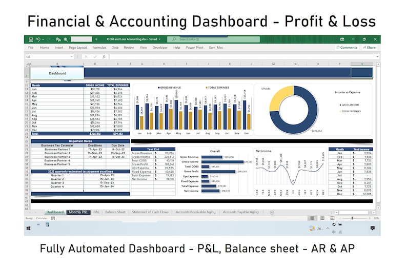 Pu&ograve; includere: Uno screenshot di un foglio di calcolo Microsoft Excel che mostra un cruscotto finanziario e contabile. Il cruscotto include un conto economico, un bilancio e report sull'invecchiamento dei crediti e dei debiti. Il cruscotto &egrave; completamente automatizzato e include grafici e diagrammi per visualizzare i dati.