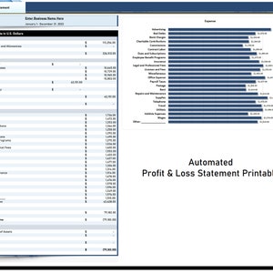 Pu&ograve; includere: Un modello di stato patrimoniale di profitto e perdita stampabile in bianco e nero con il testo "Automated Profit & Loss Statement Printables". Il modello include un elenco di categorie comuni di spese e ricavi aziendali.