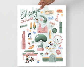 Illustrated City Landmarks of Chicago, Illinois (Print)