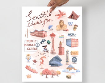 Illustrated City Landmarks of Seattle, Washington (Print)