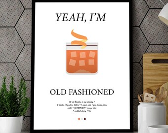 Old Fashioned Cocktail Recipe Art Print: Bar Kitchen Decor (Digital Download)