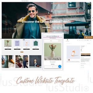 Könnte beinhalten: Eine Website-Vorlage für einen Online-Shop mit einem Mann, der eine braune Jacke und einen Rollkragenpullover trägt. Die Website bietet eine Auswahl an Produkten, darunter einen grünen Pullover, eine Flasche Wein und eine Vase mit Blumen. Die Website bietet auch einen Bereich für Produktdetails, einschließlich eines Preises von 105,00 €.