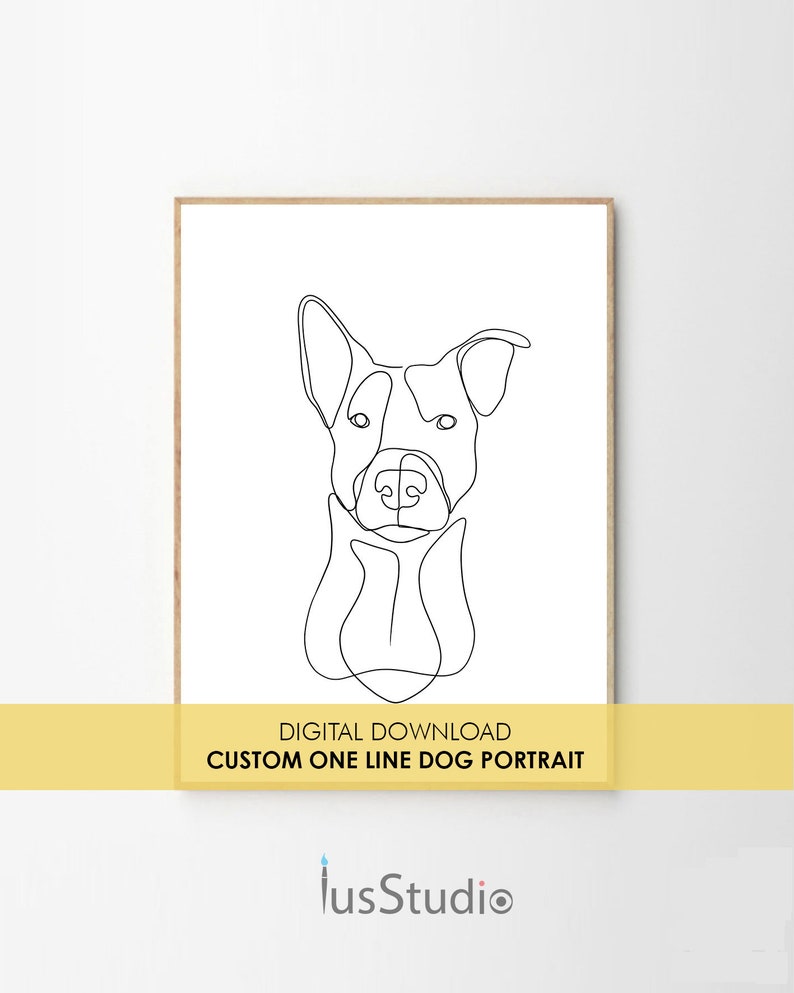 Pu&ograve; includere: Download digitale di un ritratto di cane personalizzato in una sola linea. L'immagine mostra un disegno a linea in bianco e nero della testa di un cane.
