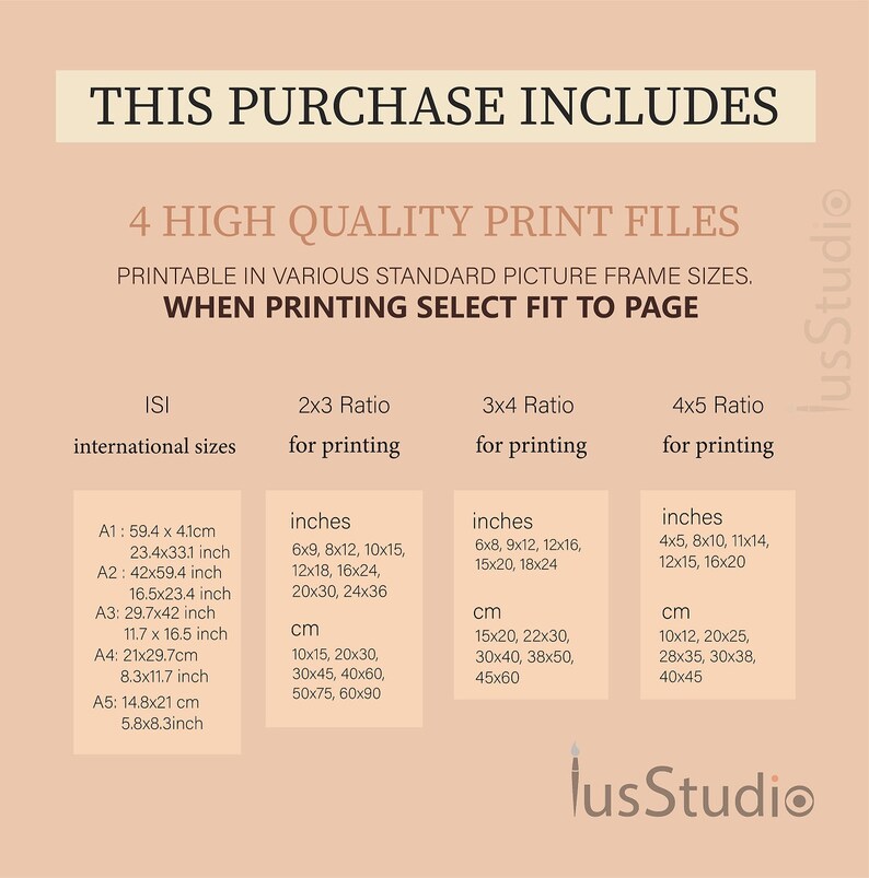 Puede incluir: Un gr&aacute;fico que muestra los diferentes tama&ntilde;os de archivos imprimibles disponibles para su compra. El gr&aacute;fico est&aacute; dividido en tres columnas: Tama&ntilde;os internacionales, Relaci&oacute;n 2x3 para impresi&oacute;n y Relaci&oacute;n 3x4 para impresi&oacute;n. El gr&aacute;fico enumera los tama&ntilde;os en pulgadas y cent&iacute;metros.