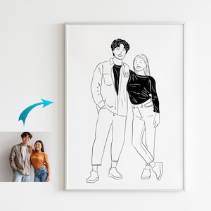 Puede incluir: Un dibujo en blanco y negro de una pareja de pie juntos. El hombre lleva una chaqueta y la mujer lleva una camisa de manga larga y pantalones vaqueros.